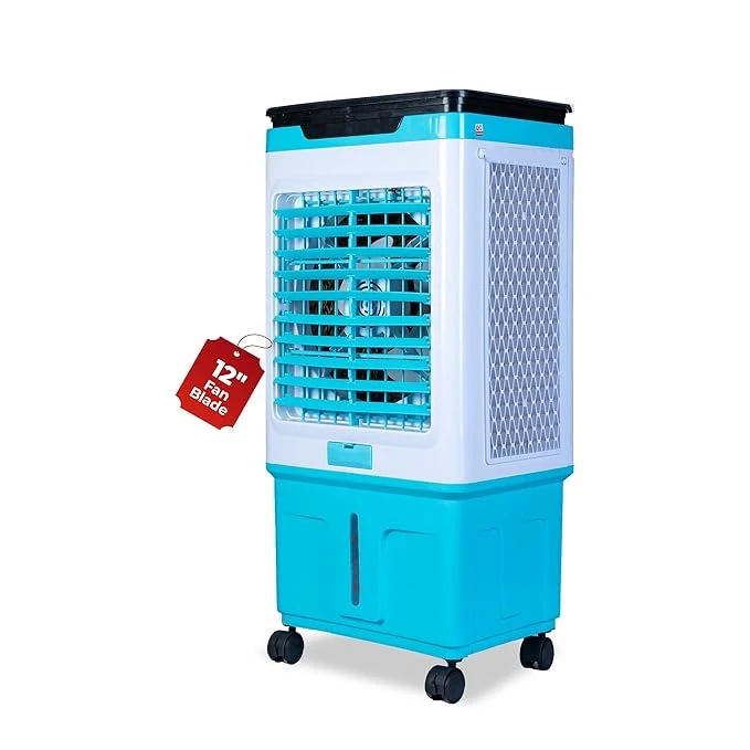 UNIPLUS Premium Glass Top GT 12 | 12" Fan Blade | 40 Litre Tank Capacity | 160W Power | 15ft Air Throw | 3-Side Honeycomb Cooling | Sleek Glass Top Design | 4 Castor Wheels (BLUE)