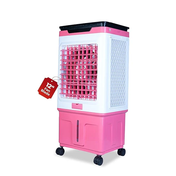 UNIPLUS Premium Glass Top GT 12 | 12" Fan Blade | 40 Litre Tank Capacity | 160W Power | 15ft Air Throw | 3-Side Honeycomb Cooling | Sleek Glass Top Design | 4 Castor Wheels (PINK)